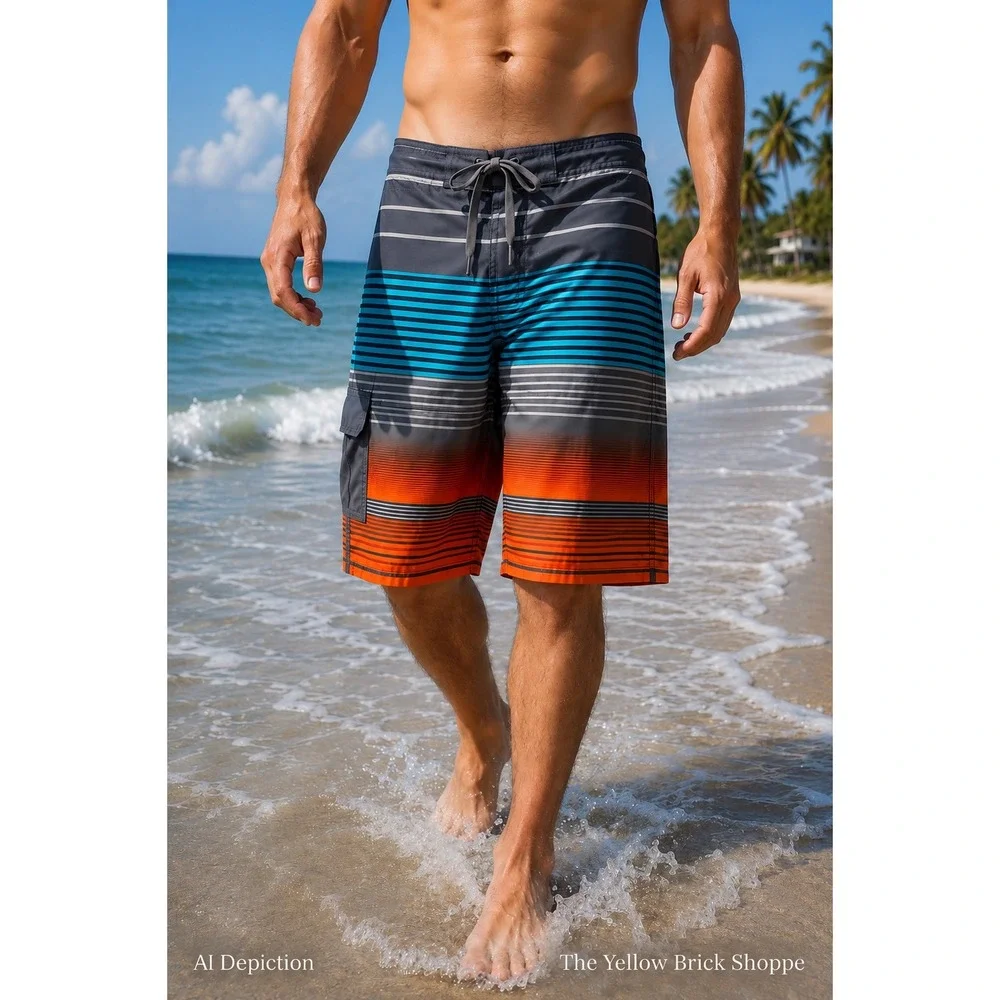 OP Board Shorts Men's S 28-30 Gray Orange Striped Swim Trunks 10